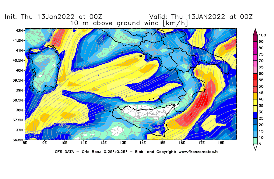 Mappa di analisi GFS - Velocità del vento a 10 metri dal suolo [km/h] in Sud-Italia
							del 13/01/2022 00 <!--googleoff: index-->UTC<!--googleon: index-->