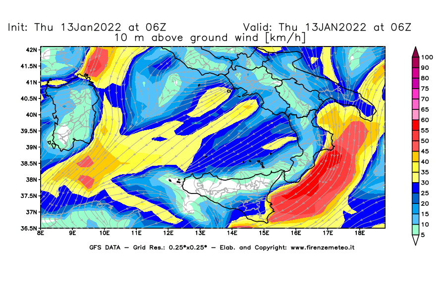 Mappa di analisi GFS - Velocità del vento a 10 metri dal suolo [km/h] in Sud-Italia
							del 13/01/2022 06 <!--googleoff: index-->UTC<!--googleon: index-->