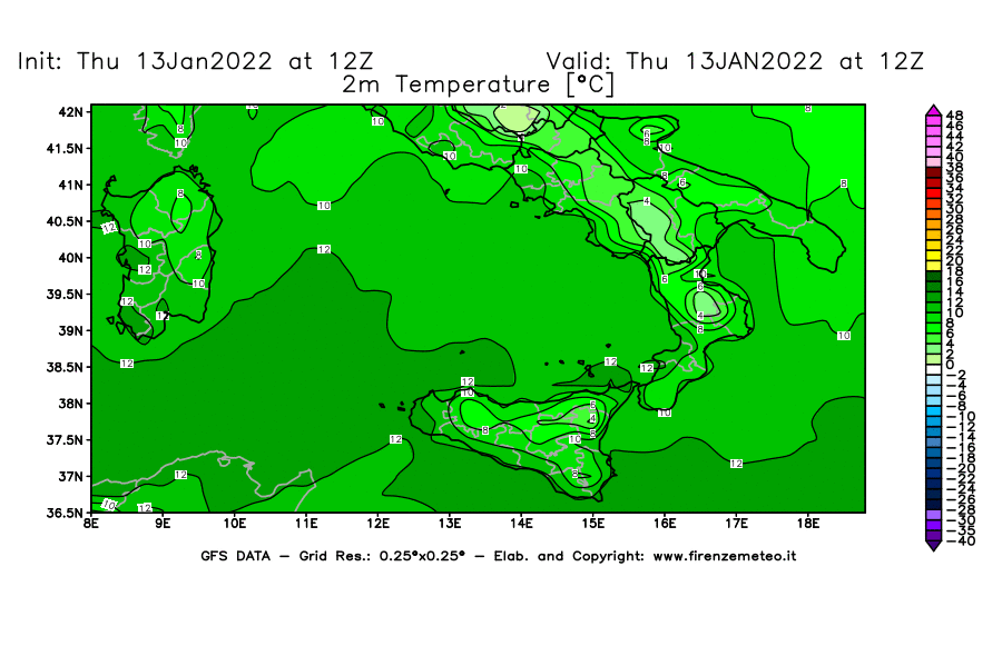 Mappa di analisi GFS - Temperatura a 2 metri dal suolo [°C] in Sud-Italia
							del 13/01/2022 12 <!--googleoff: index-->UTC<!--googleon: index-->