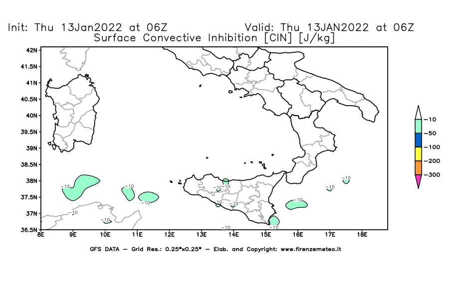 Mappa di analisi GFS - CIN [J/kg] in Sud-Italia
							del 13/01/2022 06 <!--googleoff: index-->UTC<!--googleon: index-->