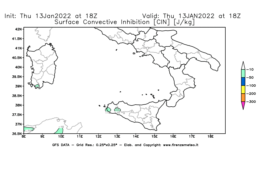 Mappa di analisi GFS - CIN [J/kg] in Sud-Italia
							del 13/01/2022 18 <!--googleoff: index-->UTC<!--googleon: index-->