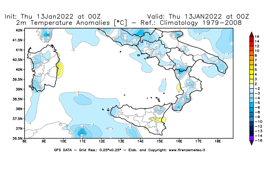 Mappa di analisi GFS - Anomalia Temperatura [°C] a 2 m in Sud-Italia
							del 13/01/2022 00 <!--googleoff: index-->UTC<!--googleon: index-->