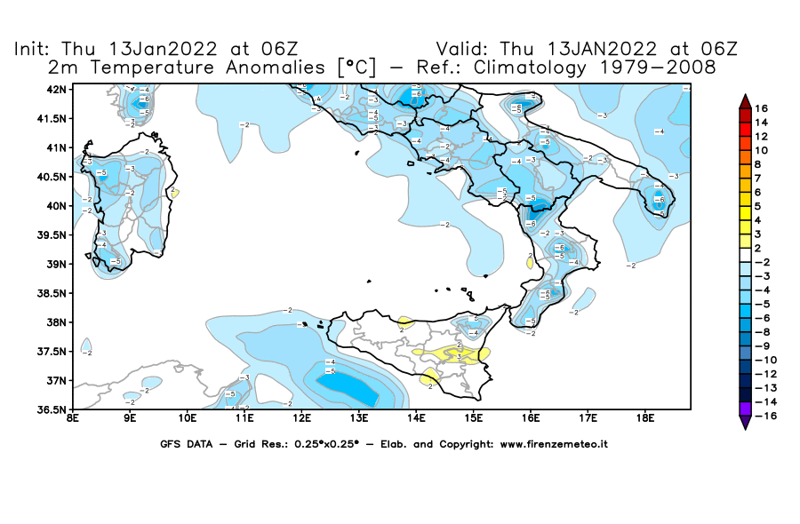 Mappa di analisi GFS - Anomalia Temperatura [°C] a 2 m in Sud-Italia
							del 13/01/2022 06 <!--googleoff: index-->UTC<!--googleon: index-->