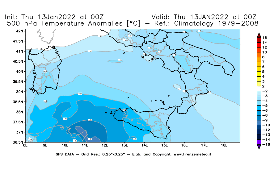 Mappa di analisi GFS - Anomalia Temperatura [°C] a 500 hPa in Sud-Italia
							del 13/01/2022 00 <!--googleoff: index-->UTC<!--googleon: index-->