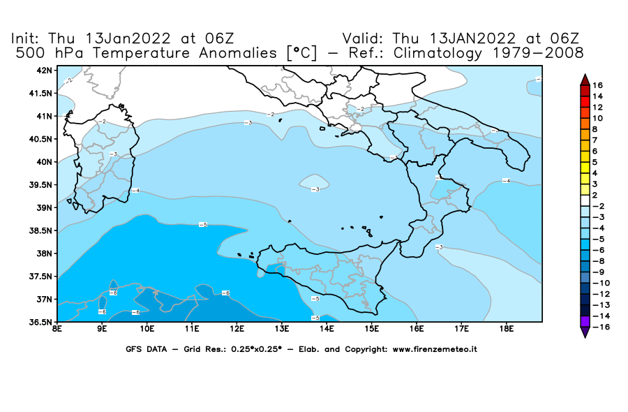 Mappa di analisi GFS - Anomalia Temperatura [°C] a 500 hPa in Sud-Italia
							del 13/01/2022 06 <!--googleoff: index-->UTC<!--googleon: index-->