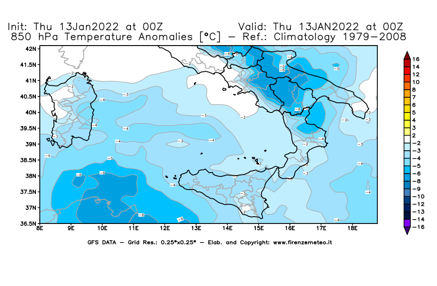 Mappa di analisi GFS - Anomalia Temperatura [°C] a 850 hPa in Sud-Italia
							del 13/01/2022 00 <!--googleoff: index-->UTC<!--googleon: index-->