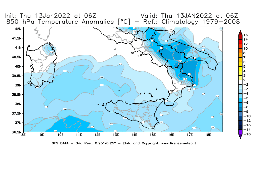 Mappa di analisi GFS - Anomalia Temperatura [°C] a 850 hPa in Sud-Italia
							del 13/01/2022 06 <!--googleoff: index-->UTC<!--googleon: index-->