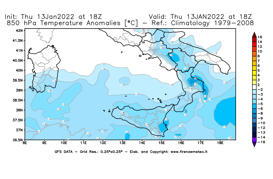 Mappa di analisi GFS - Anomalia Temperatura [°C] a 850 hPa in Sud-Italia
							del 13/01/2022 18 <!--googleoff: index-->UTC<!--googleon: index-->