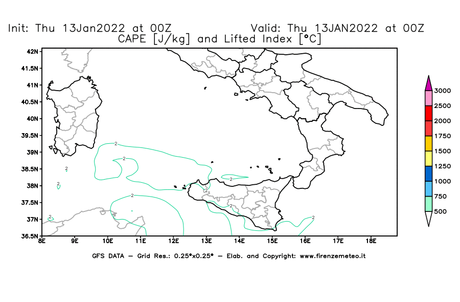Mappa di analisi GFS - CAPE [J/kg] e Lifted Index [°C] in Sud-Italia
							del 13/01/2022 00 <!--googleoff: index-->UTC<!--googleon: index-->
