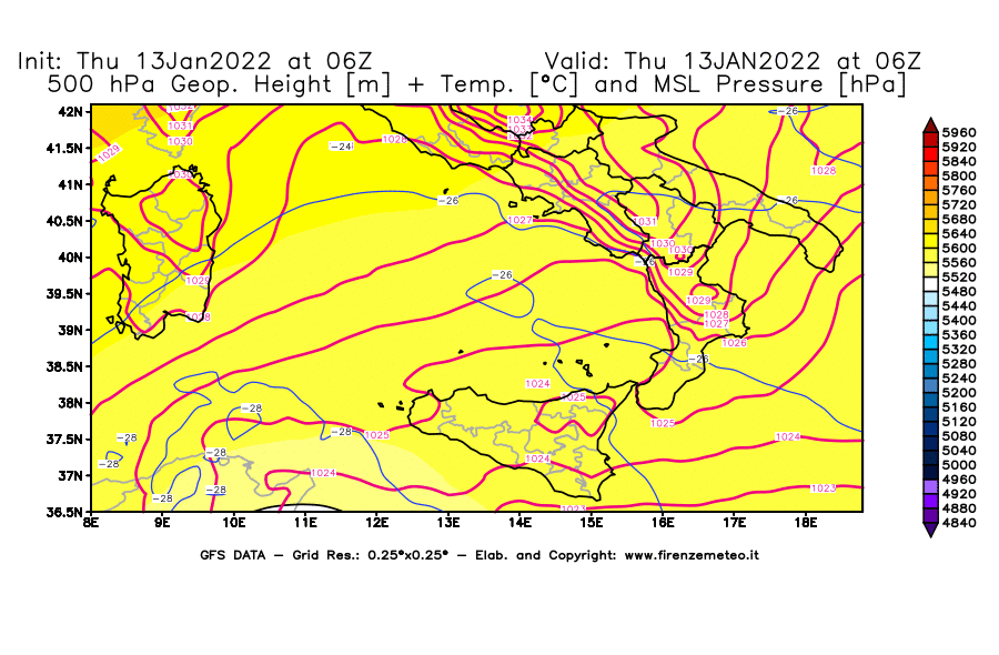 Mappa di analisi GFS - Geopotenziale [m] + Temp. [°C] a 500 hPa + Press. a livello del mare [hPa] in Sud-Italia
							del 13/01/2022 06 <!--googleoff: index-->UTC<!--googleon: index-->