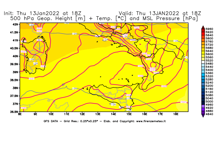 Mappa di analisi GFS - Geopotenziale [m] + Temp. [°C] a 500 hPa + Press. a livello del mare [hPa] in Sud-Italia
							del 13/01/2022 18 <!--googleoff: index-->UTC<!--googleon: index-->