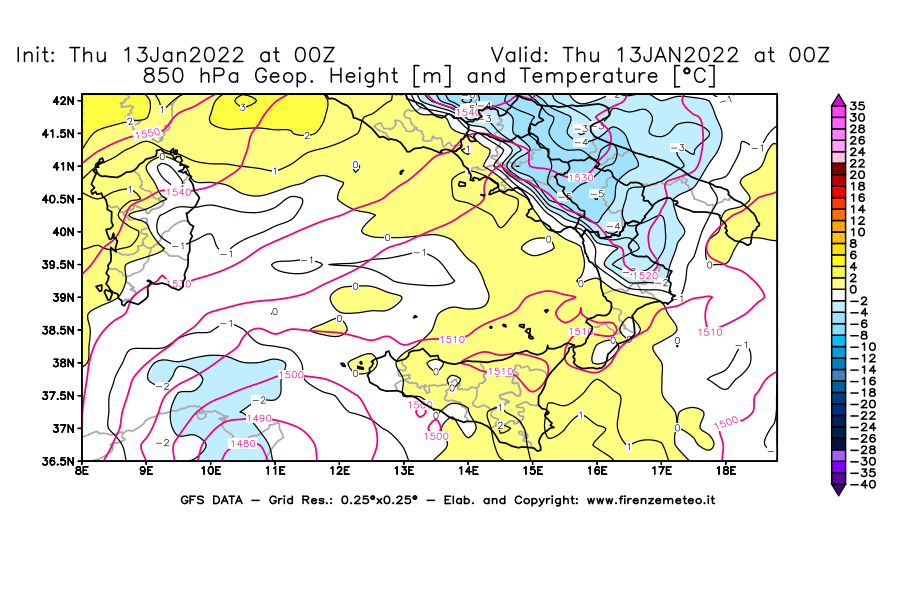 Mappa di analisi GFS - Geopotenziale [m] e Temperatura [°C] a 850 hPa in Sud-Italia
							del 13/01/2022 00 <!--googleoff: index-->UTC<!--googleon: index-->