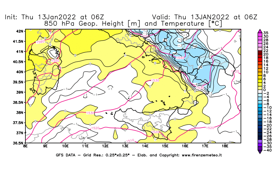 Mappa di analisi GFS - Geopotenziale [m] e Temperatura [°C] a 850 hPa in Sud-Italia
							del 13/01/2022 06 <!--googleoff: index-->UTC<!--googleon: index-->