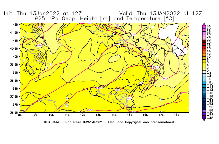 Mappa di analisi GFS - Geopotenziale [m] e Temperatura [°C] a 925 hPa in Sud-Italia
							del 13/01/2022 12 <!--googleoff: index-->UTC<!--googleon: index-->