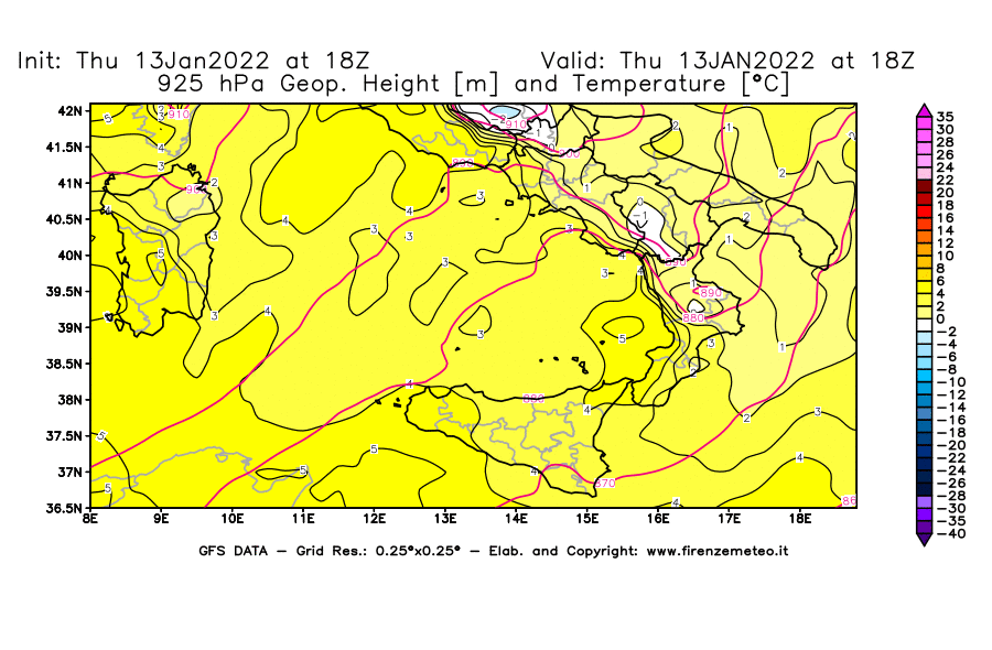 Mappa di analisi GFS - Geopotenziale [m] e Temperatura [°C] a 925 hPa in Sud-Italia
							del 13/01/2022 18 <!--googleoff: index-->UTC<!--googleon: index-->