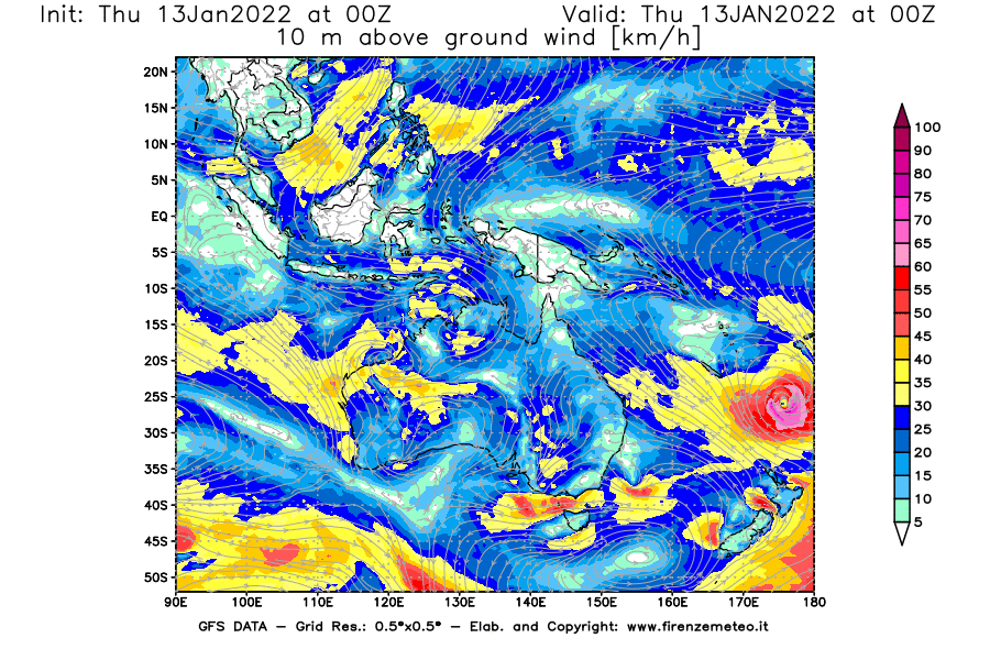 Mappa di analisi GFS - Velocità del vento a 10 metri dal suolo [km/h] in Oceania
							del 13/01/2022 00 <!--googleoff: index-->UTC<!--googleon: index-->