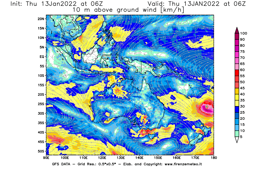 Mappa di analisi GFS - Velocità del vento a 10 metri dal suolo [km/h] in Oceania
							del 13/01/2022 06 <!--googleoff: index-->UTC<!--googleon: index-->