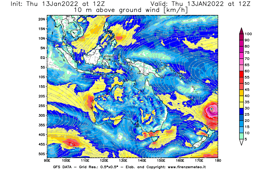 Mappa di analisi GFS - Velocità del vento a 10 metri dal suolo [km/h] in Oceania
							del 13/01/2022 12 <!--googleoff: index-->UTC<!--googleon: index-->