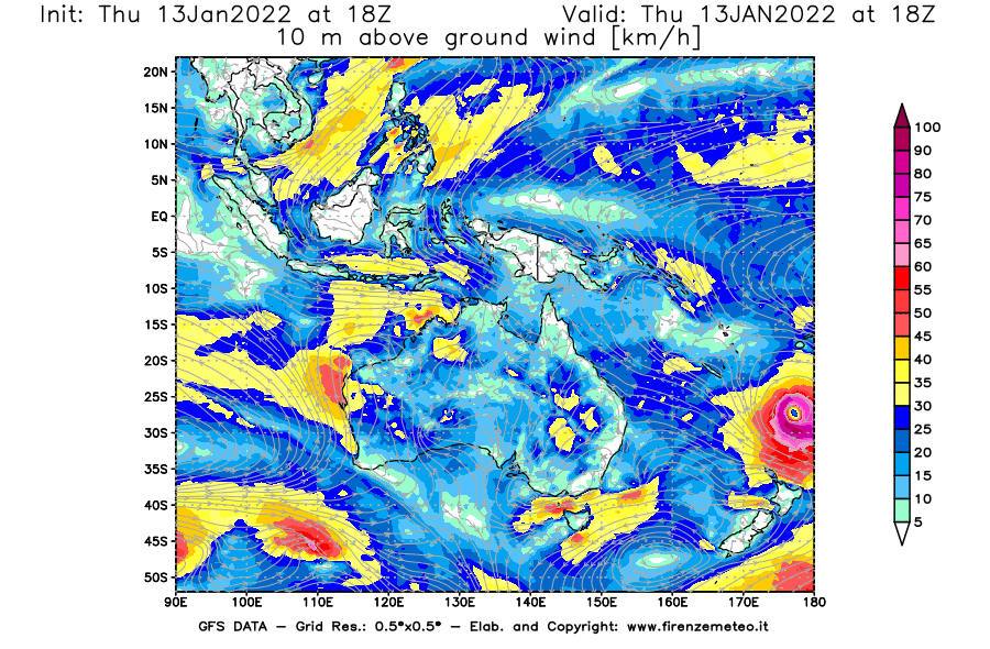 Mappa di analisi GFS - Velocità del vento a 10 metri dal suolo [km/h] in Oceania
							del 13/01/2022 18 <!--googleoff: index-->UTC<!--googleon: index-->