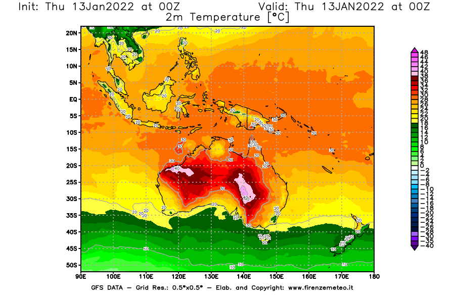 Mappa di analisi GFS - Temperatura a 2 metri dal suolo [°C] in Oceania
							del 13/01/2022 00 <!--googleoff: index-->UTC<!--googleon: index-->