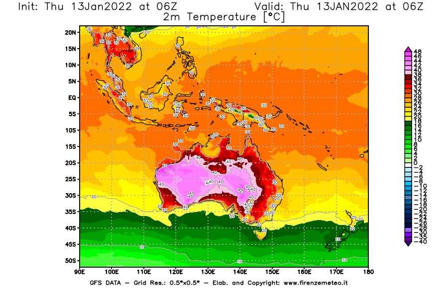 Mappa di analisi GFS - Temperatura a 2 metri dal suolo [°C] in Oceania
							del 13/01/2022 06 <!--googleoff: index-->UTC<!--googleon: index-->