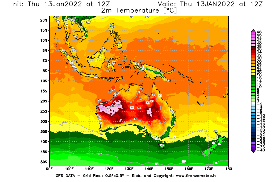 Mappa di analisi GFS - Temperatura a 2 metri dal suolo [°C] in Oceania
							del 13/01/2022 12 <!--googleoff: index-->UTC<!--googleon: index-->