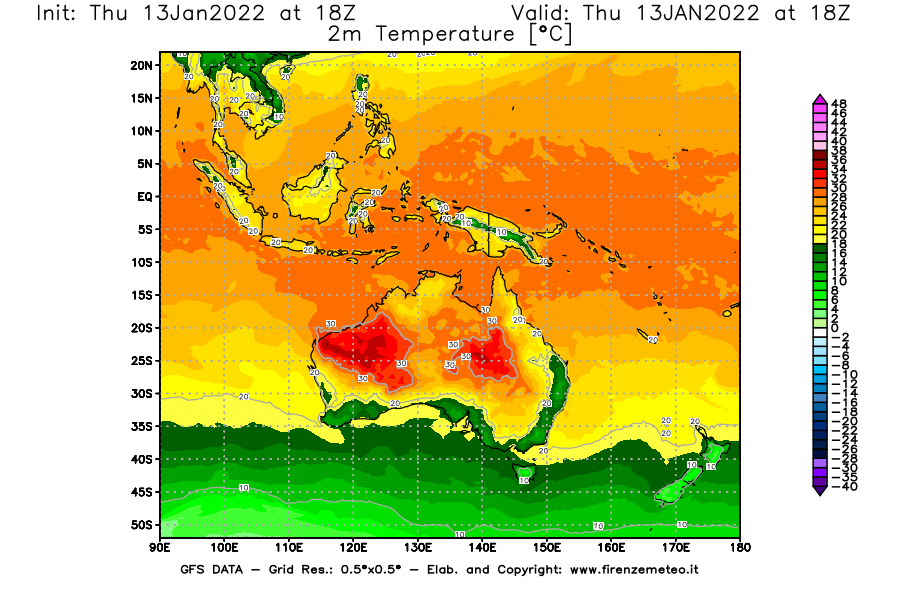 Mappa di analisi GFS - Temperatura a 2 metri dal suolo [°C] in Oceania
							del 13/01/2022 18 <!--googleoff: index-->UTC<!--googleon: index-->