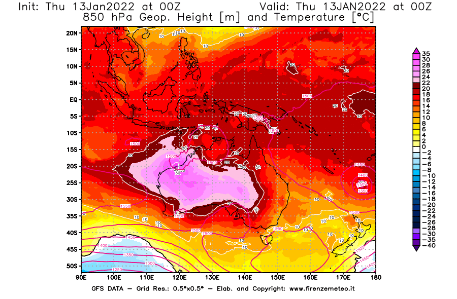 Mappa di analisi GFS - Geopotenziale [m] e Temperatura [°C] a 850 hPa in Oceania
							del 13/01/2022 00 <!--googleoff: index-->UTC<!--googleon: index-->