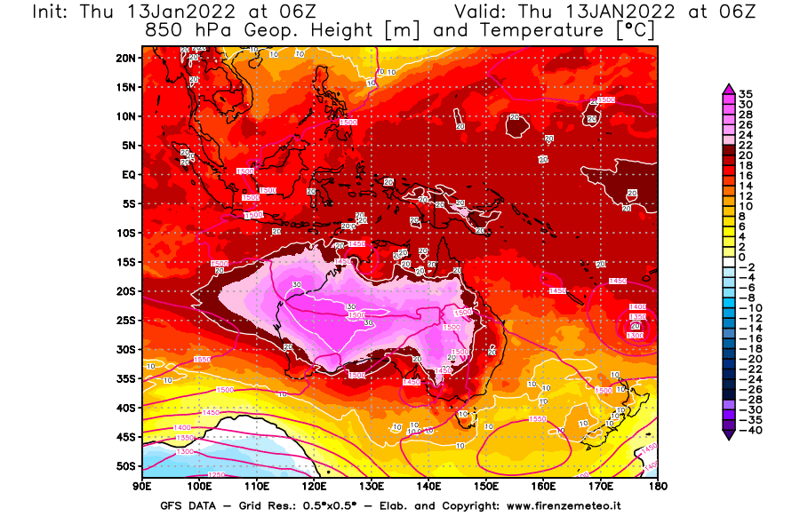 Mappa di analisi GFS - Geopotenziale [m] e Temperatura [°C] a 850 hPa in Oceania
							del 13/01/2022 06 <!--googleoff: index-->UTC<!--googleon: index-->