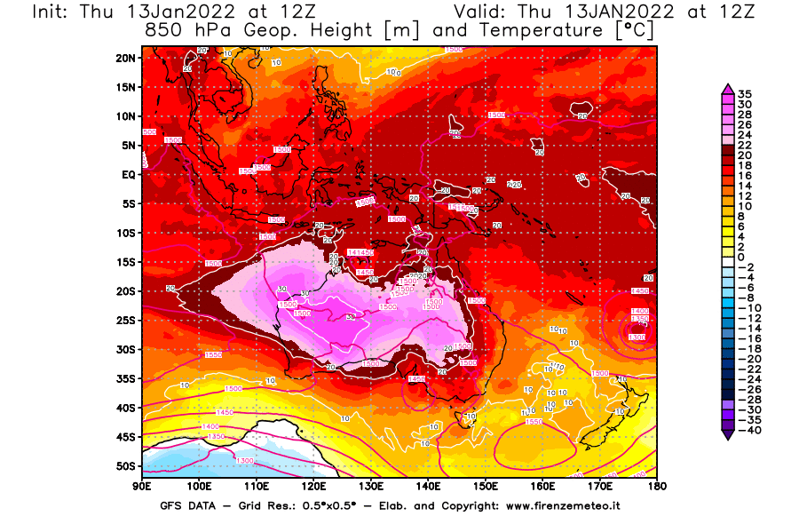 Mappa di analisi GFS - Geopotenziale [m] e Temperatura [°C] a 850 hPa in Oceania
							del 13/01/2022 12 <!--googleoff: index-->UTC<!--googleon: index-->
