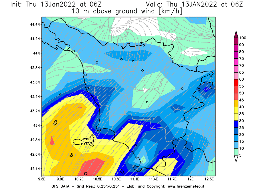 Mappa di analisi GFS - Velocità del vento a 10 metri dal suolo [km/h] in Toscana
							del 13/01/2022 06 <!--googleoff: index-->UTC<!--googleon: index-->