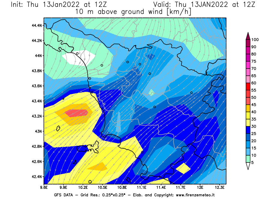 Mappa di analisi GFS - Velocità del vento a 10 metri dal suolo [km/h] in Toscana
							del 13/01/2022 12 <!--googleoff: index-->UTC<!--googleon: index-->