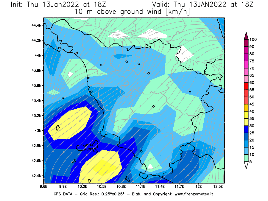 Mappa di analisi GFS - Velocità del vento a 10 metri dal suolo [km/h] in Toscana
							del 13/01/2022 18 <!--googleoff: index-->UTC<!--googleon: index-->