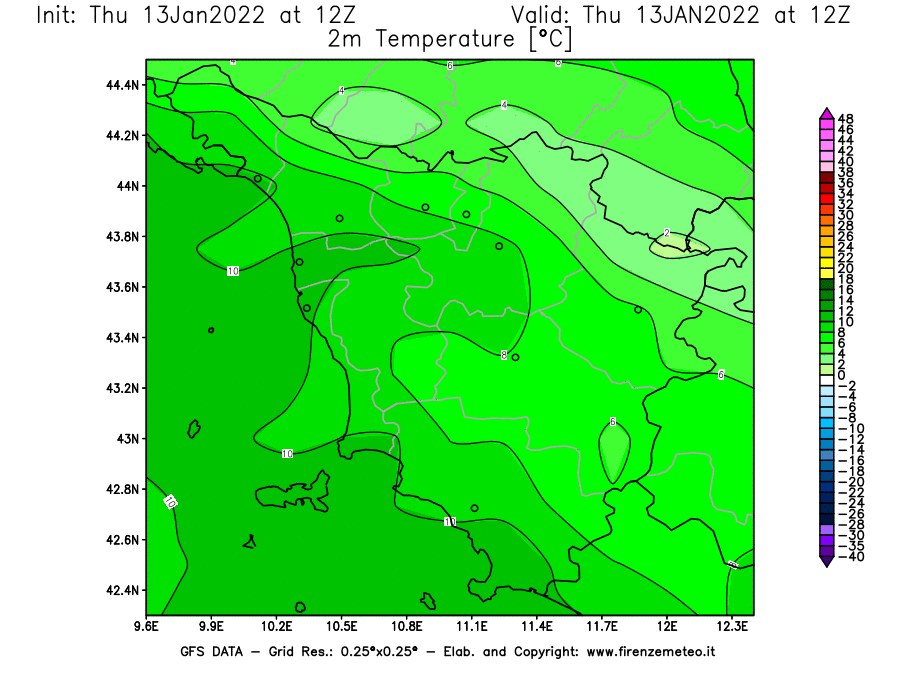 Mappa di analisi GFS - Temperatura a 2 metri dal suolo [°C] in Toscana
							del 13/01/2022 12 <!--googleoff: index-->UTC<!--googleon: index-->