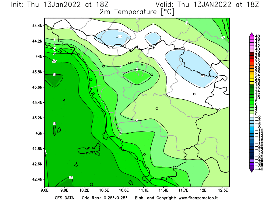 Mappa di analisi GFS - Temperatura a 2 metri dal suolo [°C] in Toscana
							del 13/01/2022 18 <!--googleoff: index-->UTC<!--googleon: index-->