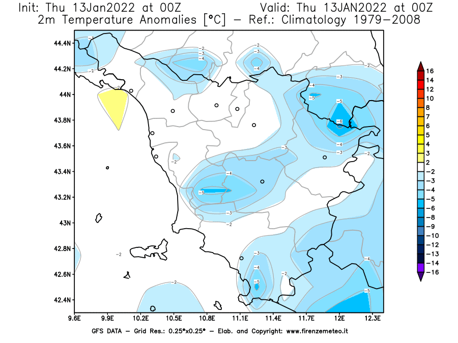 Mappa di analisi GFS - Anomalia Temperatura [°C] a 2 m in Toscana
							del 13/01/2022 00 <!--googleoff: index-->UTC<!--googleon: index-->