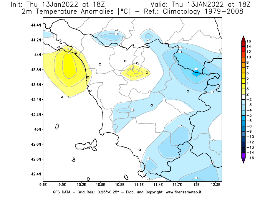 Mappa di analisi GFS - Anomalia Temperatura [°C] a 2 m in Toscana
							del 13/01/2022 18 <!--googleoff: index-->UTC<!--googleon: index-->