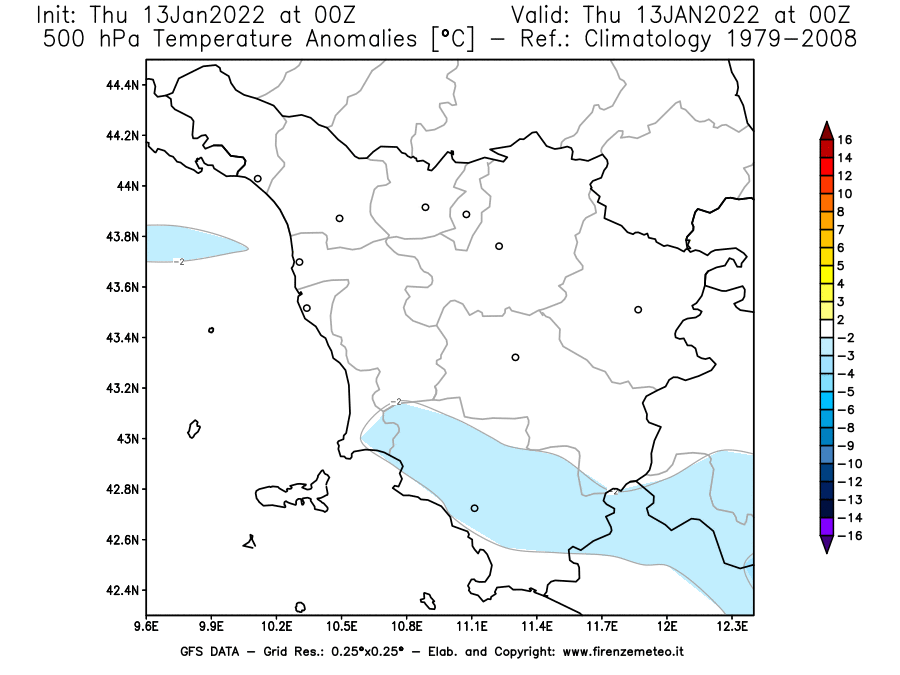 Mappa di analisi GFS - Anomalia Temperatura [°C] a 500 hPa in Toscana
							del 13/01/2022 00 <!--googleoff: index-->UTC<!--googleon: index-->