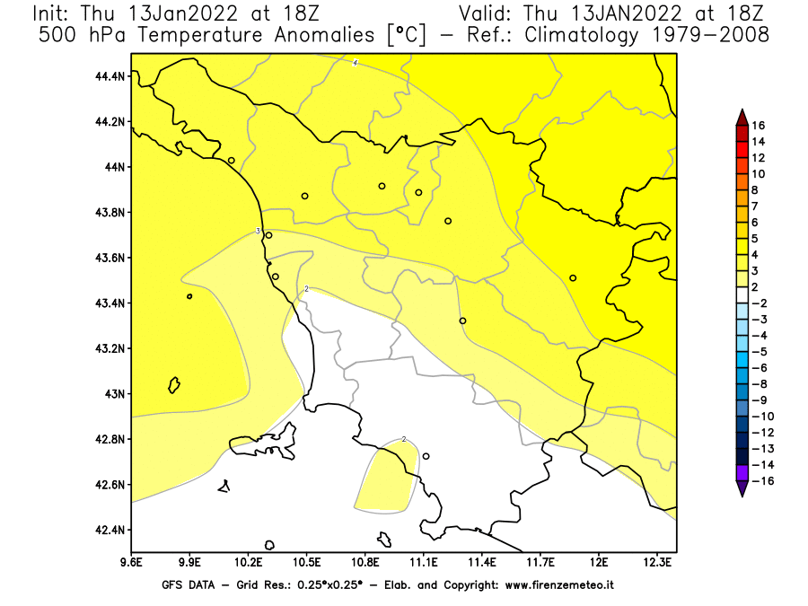 Mappa di analisi GFS - Anomalia Temperatura [°C] a 500 hPa in Toscana
							del 13/01/2022 18 <!--googleoff: index-->UTC<!--googleon: index-->