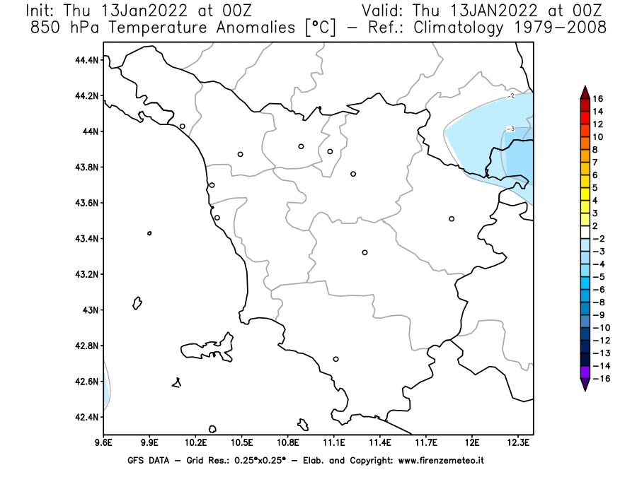 Mappa di analisi GFS - Anomalia Temperatura [°C] a 850 hPa in Toscana
							del 13/01/2022 00 <!--googleoff: index-->UTC<!--googleon: index-->