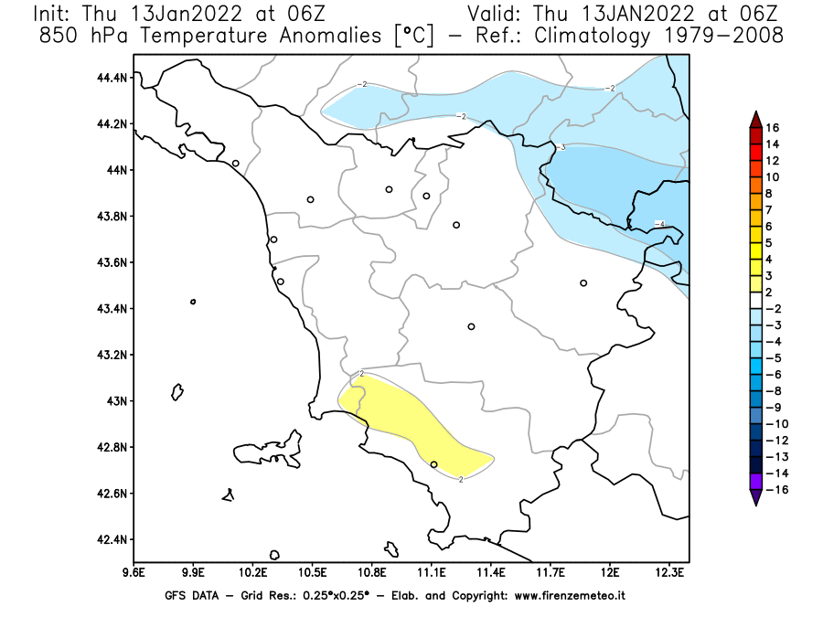 Mappa di analisi GFS - Anomalia Temperatura [°C] a 850 hPa in Toscana
							del 13/01/2022 06 <!--googleoff: index-->UTC<!--googleon: index-->