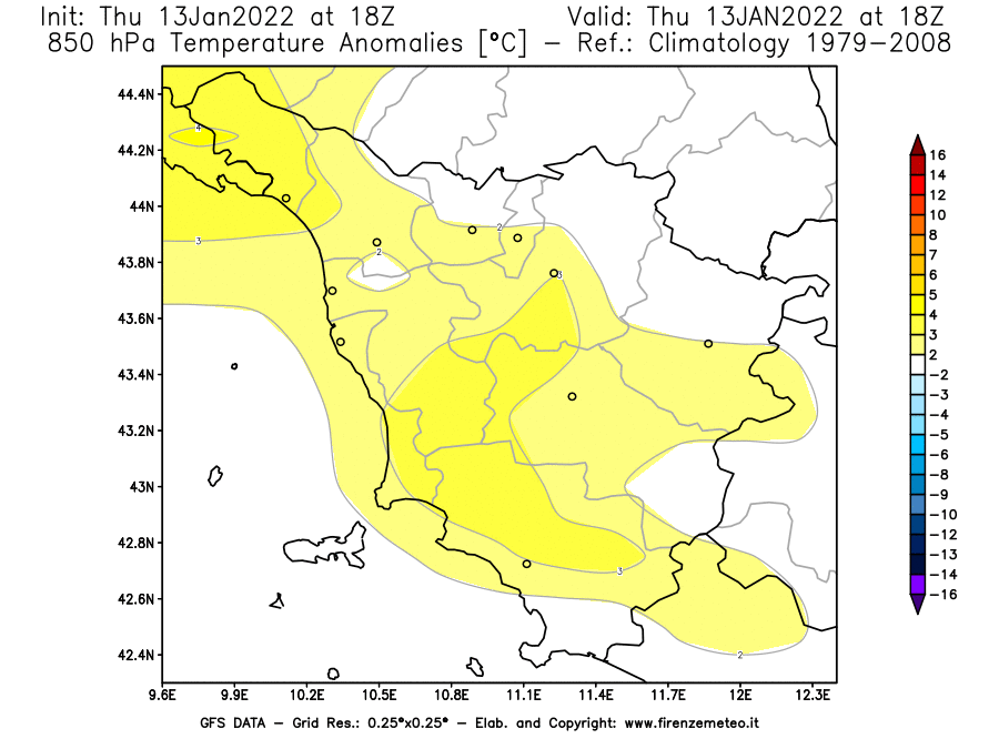 Mappa di analisi GFS - Anomalia Temperatura [°C] a 850 hPa in Toscana
							del 13/01/2022 18 <!--googleoff: index-->UTC<!--googleon: index-->