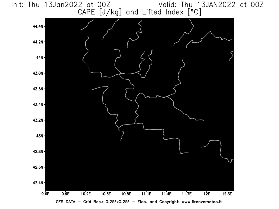 Mappa di analisi GFS - CAPE [J/kg] e Lifted Index [°C] in Toscana
							del 13/01/2022 00 <!--googleoff: index-->UTC<!--googleon: index-->