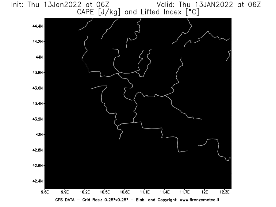 Mappa di analisi GFS - CAPE [J/kg] e Lifted Index [°C] in Toscana
							del 13/01/2022 06 <!--googleoff: index-->UTC<!--googleon: index-->
