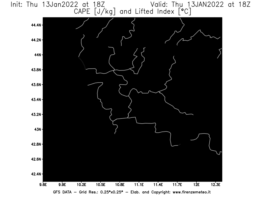 Mappa di analisi GFS - CAPE [J/kg] e Lifted Index [°C] in Toscana
							del 13/01/2022 18 <!--googleoff: index-->UTC<!--googleon: index-->