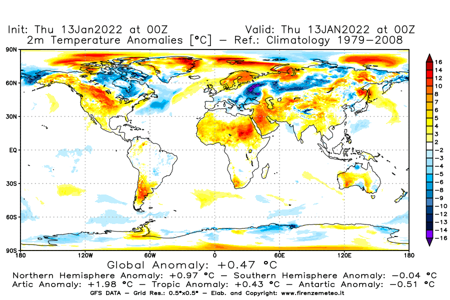 Mappa di analisi GFS - Anomalia Temperatura [°C] a 2 m in World
							del 13/01/2022 00 <!--googleoff: index-->UTC<!--googleon: index-->