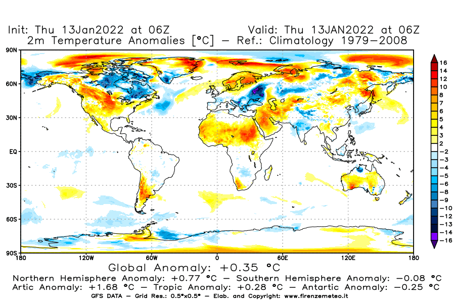 Mappa di analisi GFS - Anomalia Temperatura [°C] a 2 m in World
							del 13/01/2022 06 <!--googleoff: index-->UTC<!--googleon: index-->