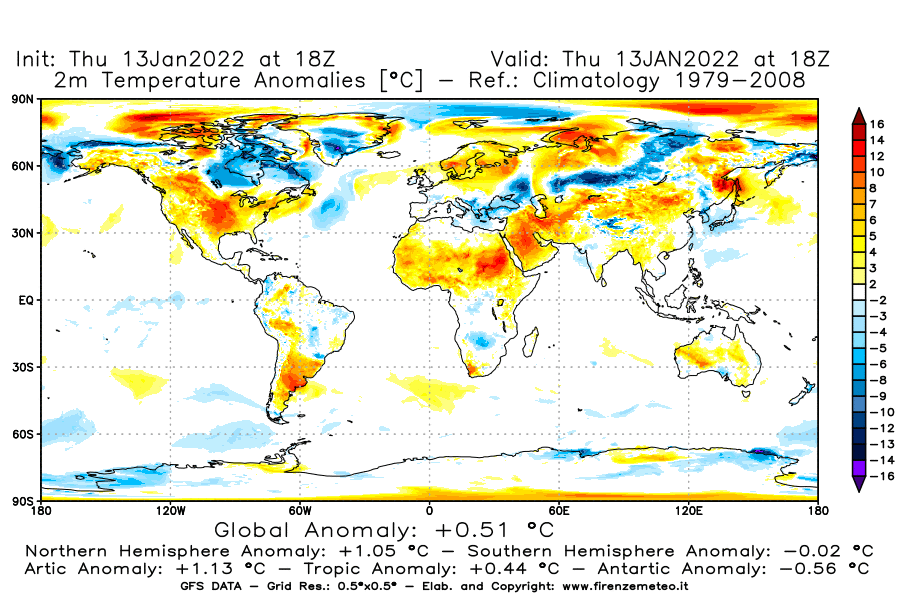 Mappa di analisi GFS - Anomalia Temperatura [°C] a 2 m in World
							del 13/01/2022 18 <!--googleoff: index-->UTC<!--googleon: index-->