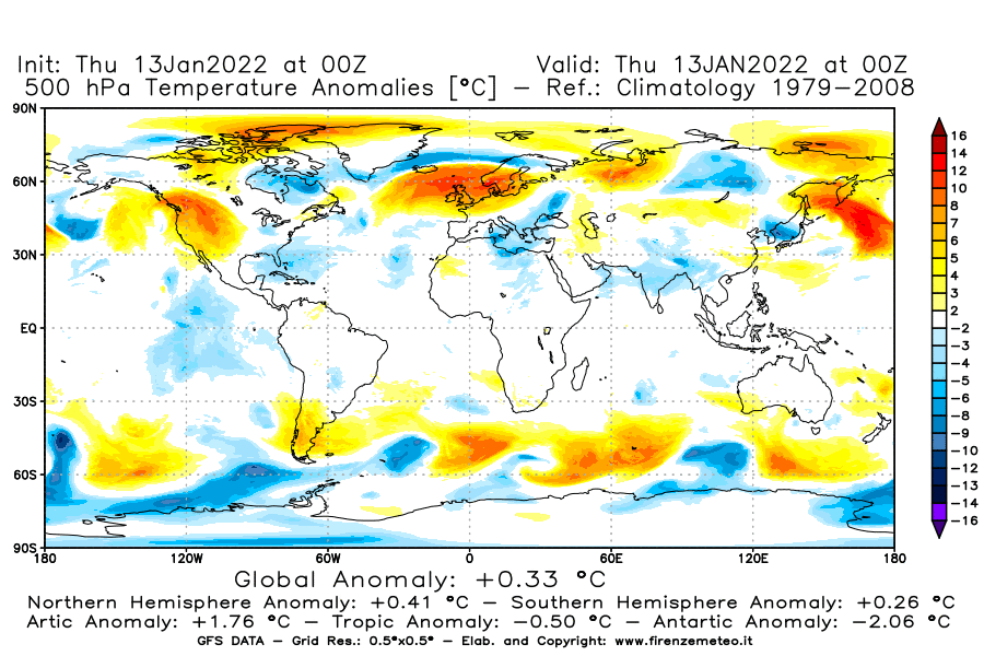 Mappa di analisi GFS - Anomalia Temperatura [°C] a 500 hPa in World
							del 13/01/2022 00 <!--googleoff: index-->UTC<!--googleon: index-->