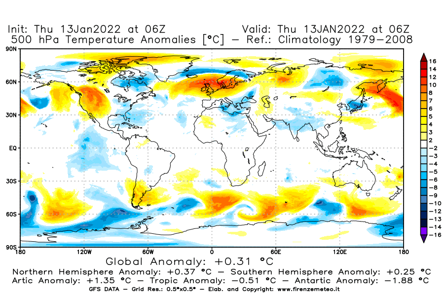 Mappa di analisi GFS - Anomalia Temperatura [°C] a 500 hPa in World
							del 13/01/2022 06 <!--googleoff: index-->UTC<!--googleon: index-->